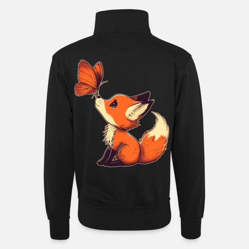 Fox with butterfly - Unisex sweater with zip collar - black