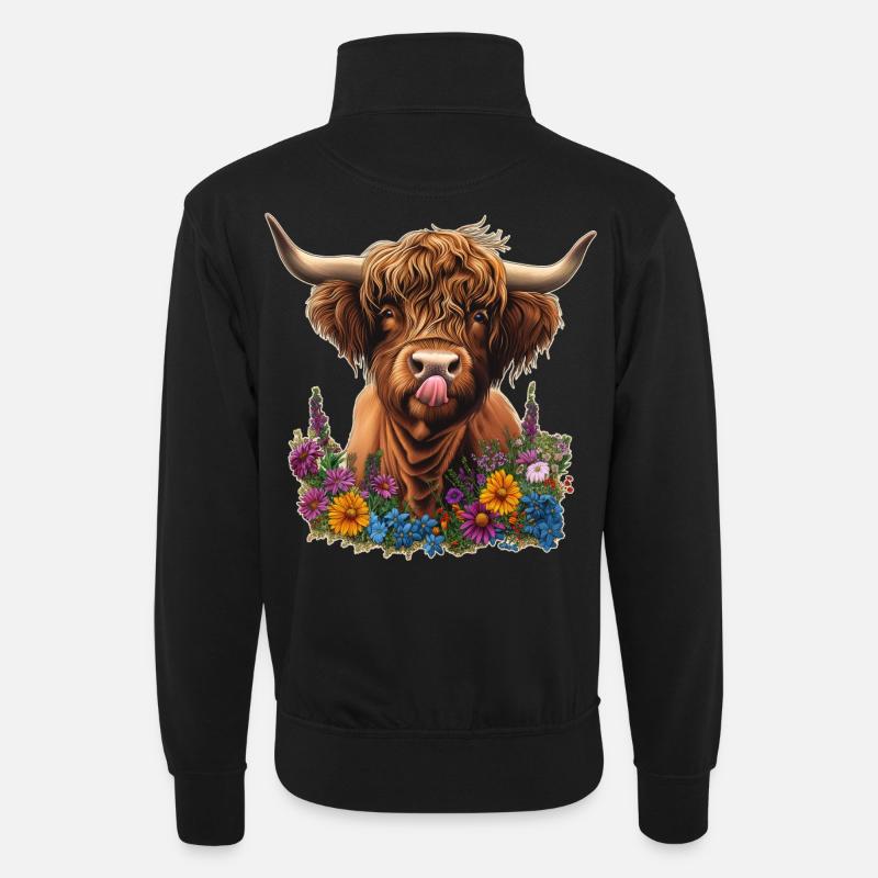 Hochlandrind mit Blumen - Unisex Pullover mit Zip-Kragen - Schwarz