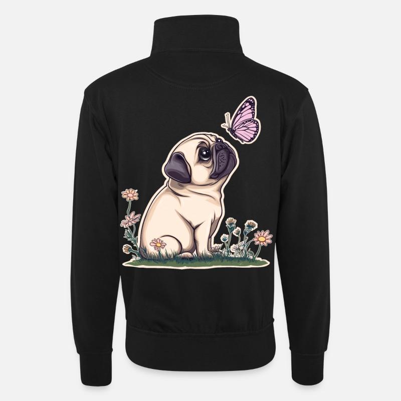 Mops mit Schmetterling - Unisex Pullover mit Zip-Kragen - Schwarz