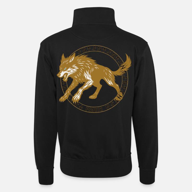 Goldener Fenrir im Wikinger-Runen-Kreis  - Unisex Pullover mit Zip-Kragen - Schwarz