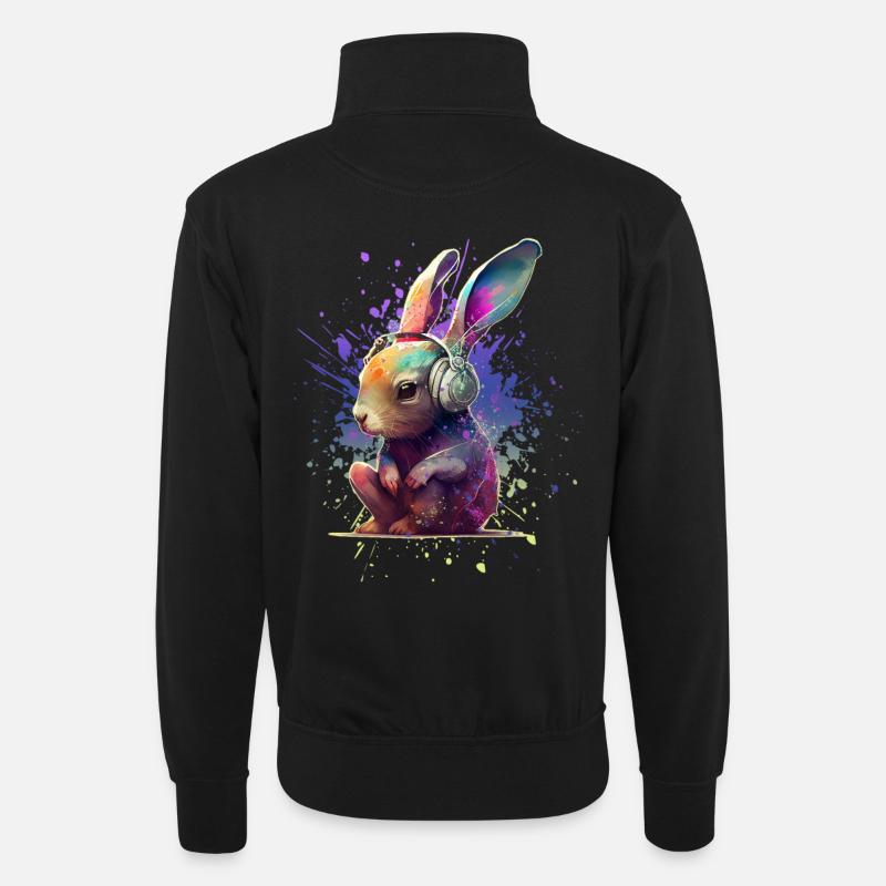 Bunter Hase mit Kopfhörern - Unisex Pullover mit Zip-Kragen - Schwarz