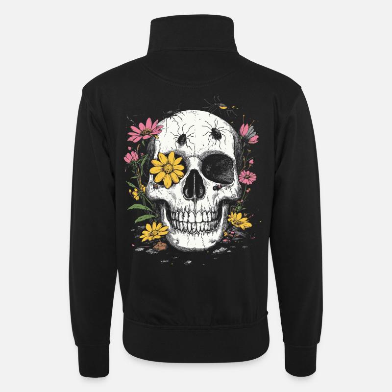 Skull with Flowers & Insects - Unisex sweater with zip collar - black