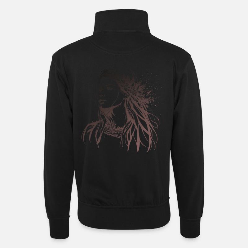 Frau Portrait Boho Style - Unisex Pullover mit Zip-Kragen - Schwarz