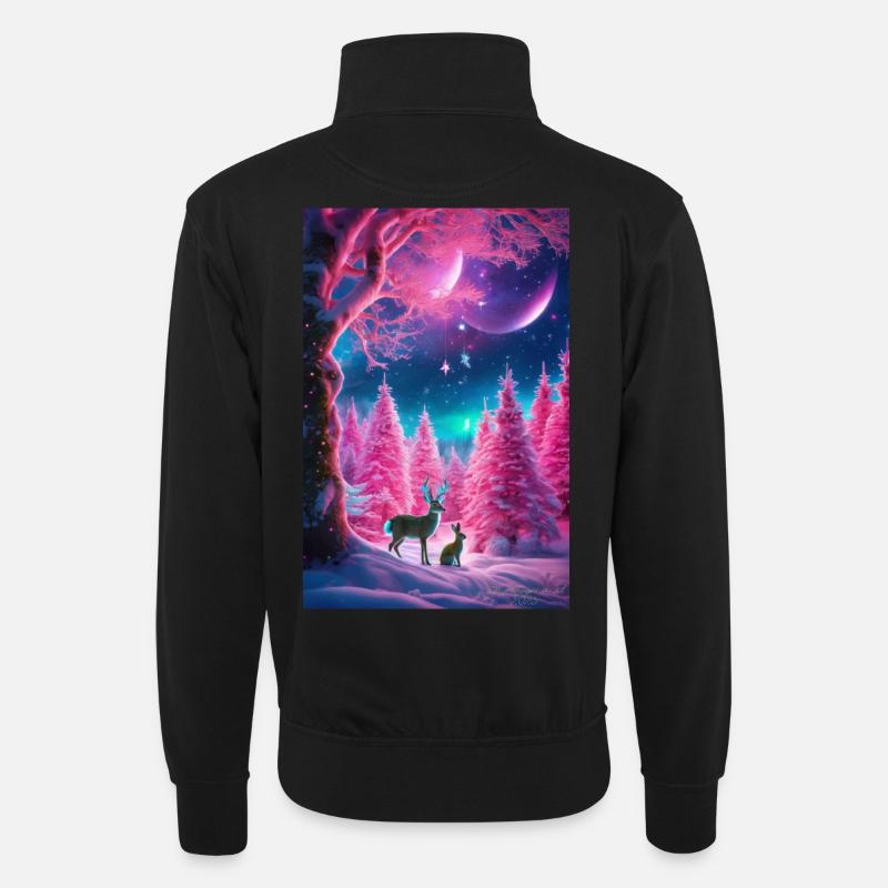 Neon-Winterhirsch-Traum - Unisex Pullover mit Zip-Kragen - Schwarz