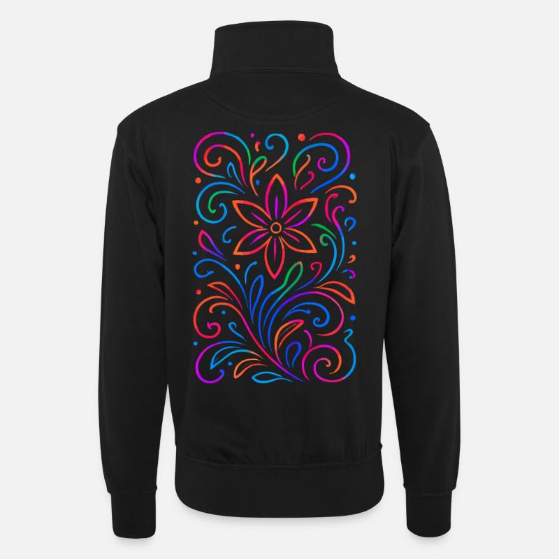 Leuchtendes florales Mandala - Unisex Pullover mit Zip-Kragen - Schwarz