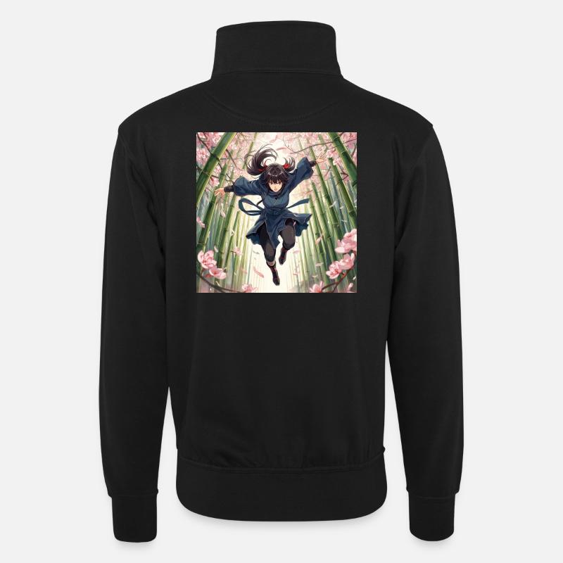 Bambusheldin im Kirschblütenpfad - Unisex Pullover mit Zip-Kragen - Schwarz