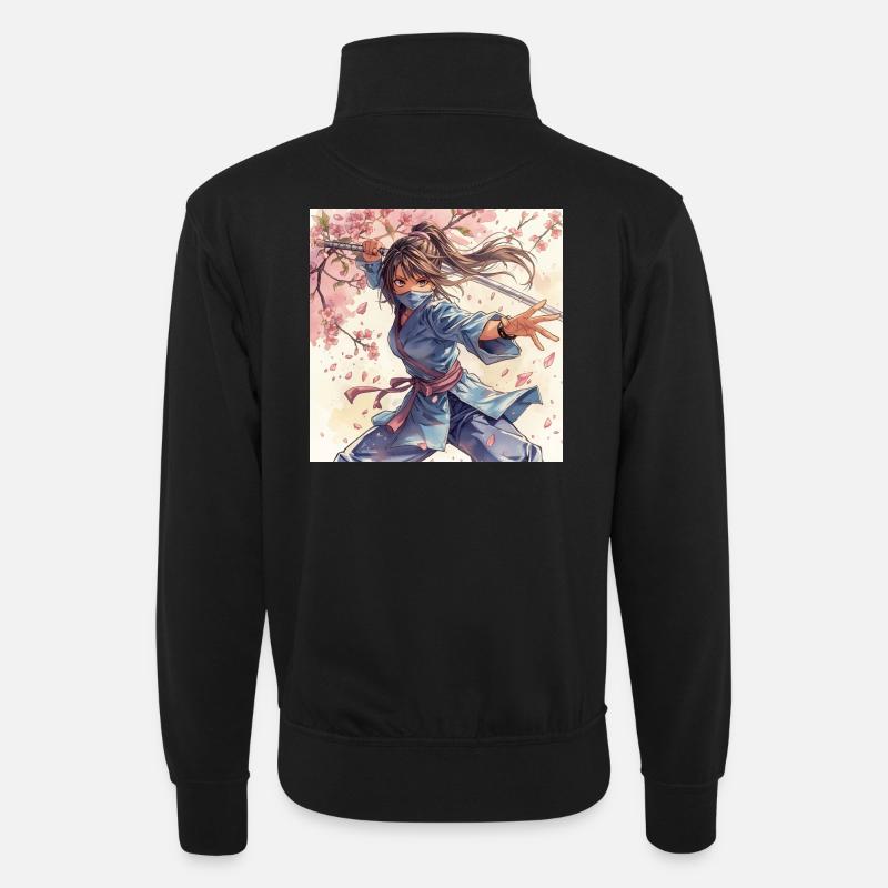 Blütenklinge Ninja im Kimono - Unisex Pullover mit Zip-Kragen - Schwarz