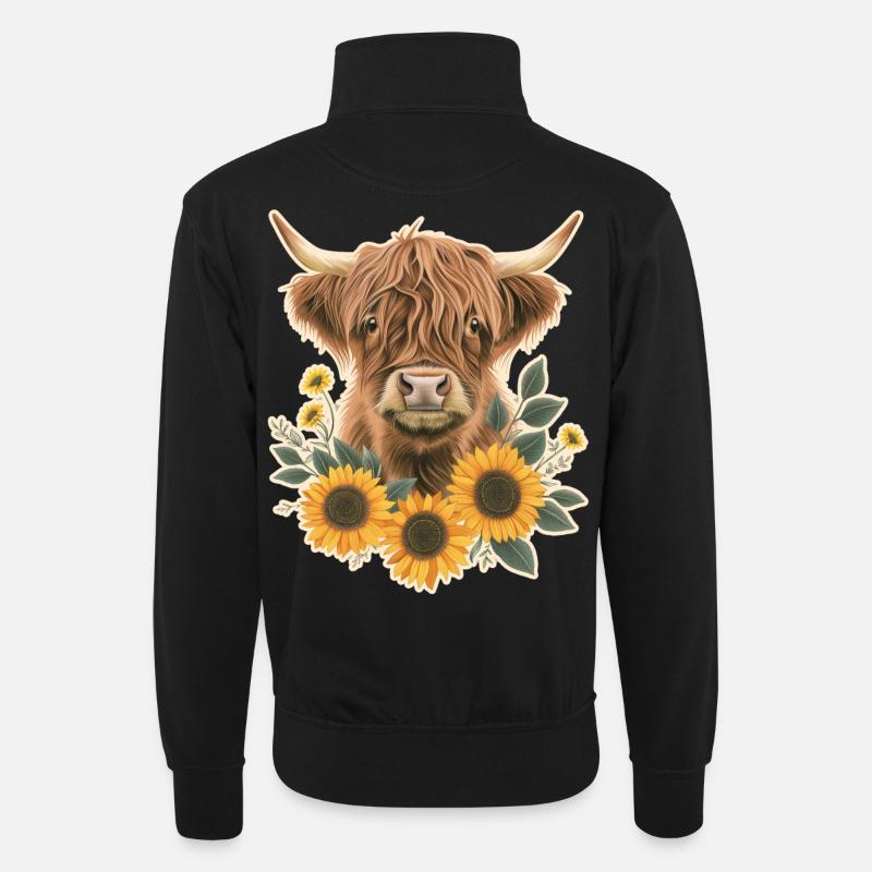 Highland cattle with flowers - Unisex sweater with zip collar - black