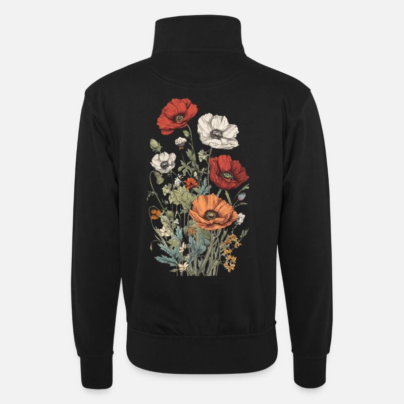 Wunderschönes Boho Mohn Herbarium Bouquet - Unisex Pullover mit Zip-Kragen - Schwarz