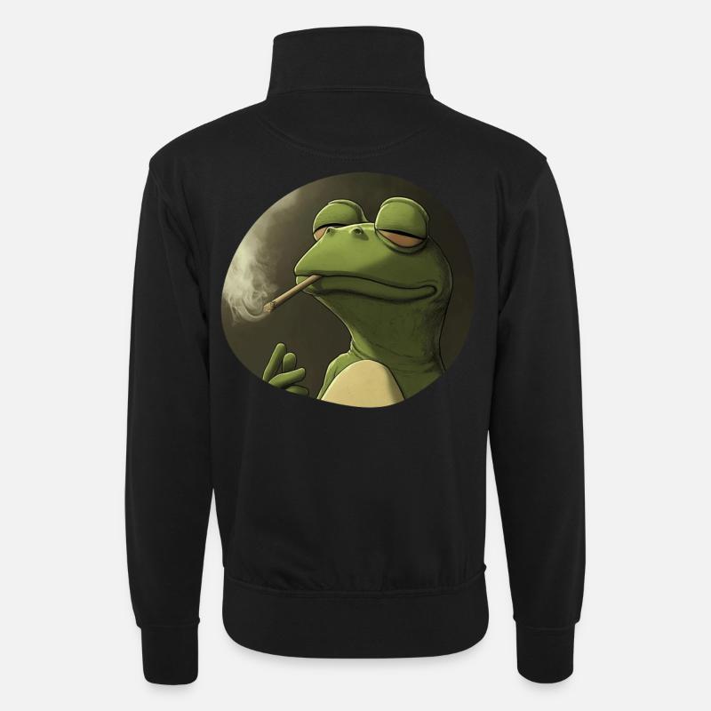 Psychedelic stoner frog smokes weed pure - Unisex sweater with zip collar - black