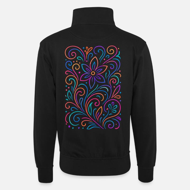 Farbige Blumenmuster im Mandala-Stil - Unisex Pullover mit Zip-Kragen - Schwarz