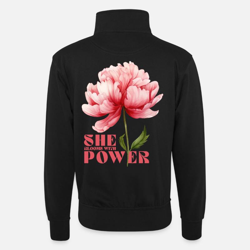 She Blooms With Power - Unisex Pullover mit Zip-Kragen - Schwarz