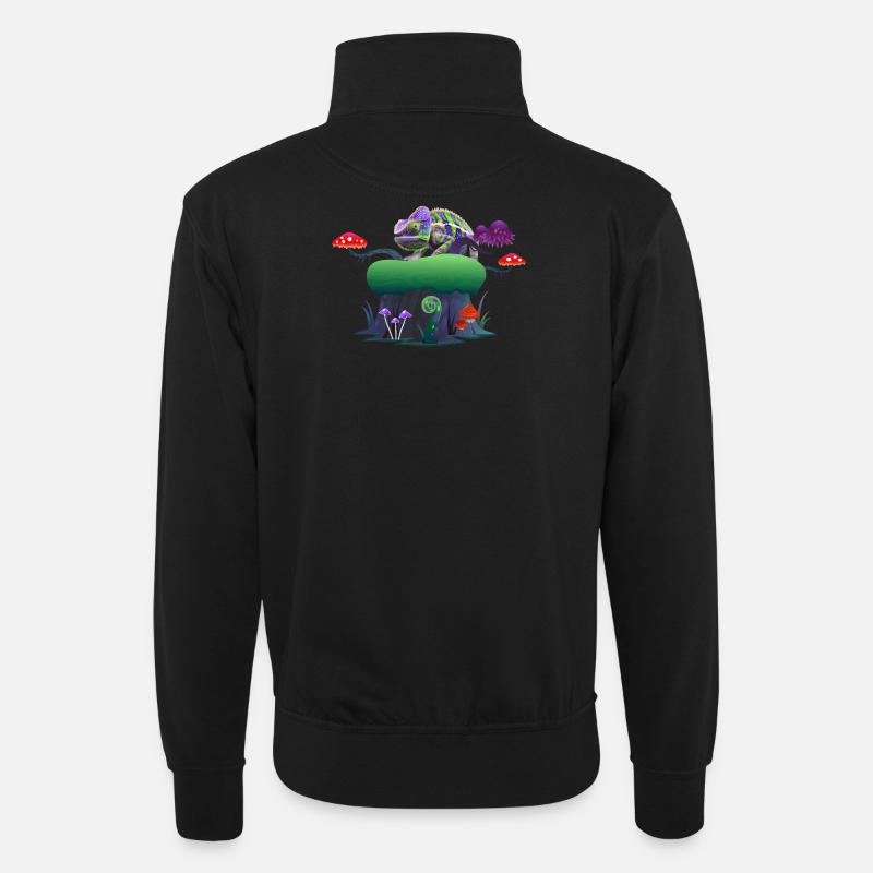 Neon Chameleon auf Mushroom Rock - Unisex Pullover mit Zip-Kragen - Schwarz