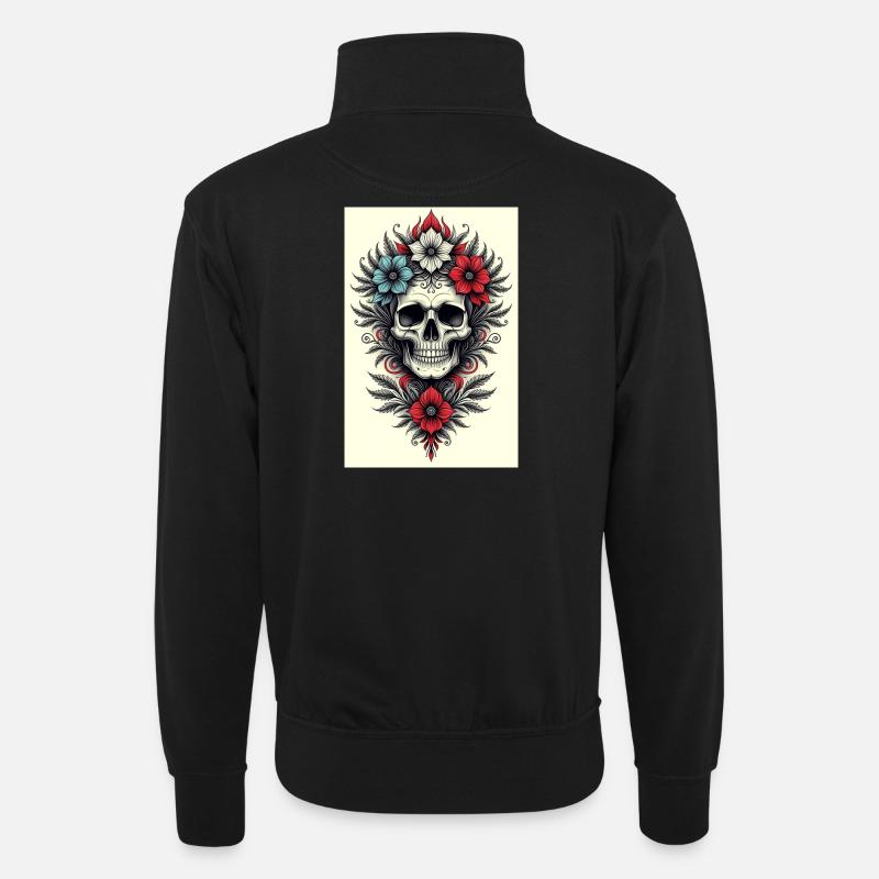 Blumen-Skull Tattoo Stil - Unisex Pullover mit Zip-Kragen - Schwarz