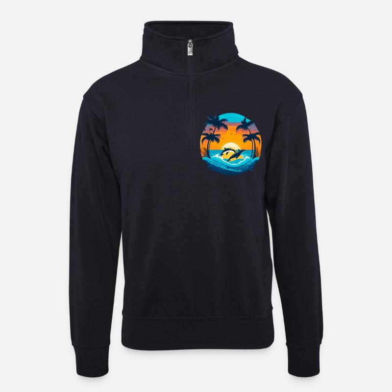 Delphin Sunset - Unisex Pullover mit Zip-Kragen - Dunkelnavy