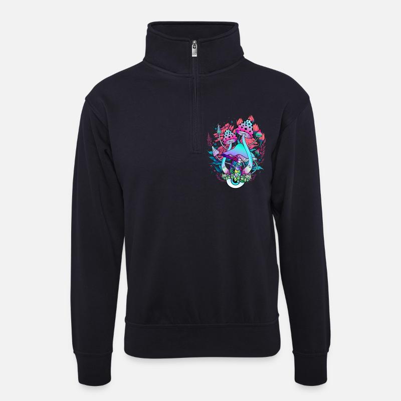 Florale Psychedelische Pilzkunst - Unisex Pullover mit Zip-Kragen - Dunkelnavy