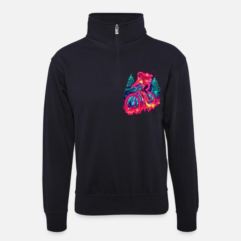 Synthwave Mountainbike Mädchen Waldfahrt - Unisex Pullover mit Zip-Kragen - Dunkelnavy
