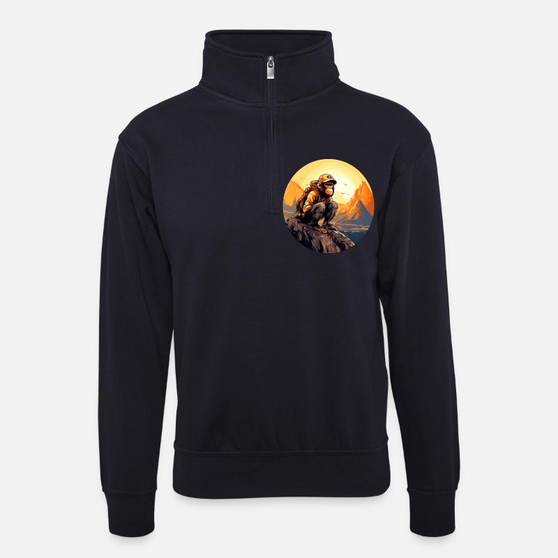Affen Wandern / Bergsteiger Affe - Unisex Pullover mit Zip-Kragen - Dunkelnavy