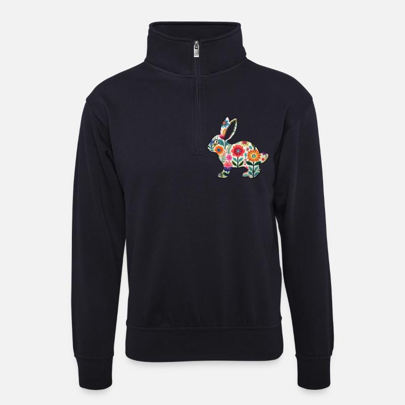Florale Osterhasen-Silhouette - Boho Chic - Unisex Pullover mit Zip-Kragen - Dunkelnavy