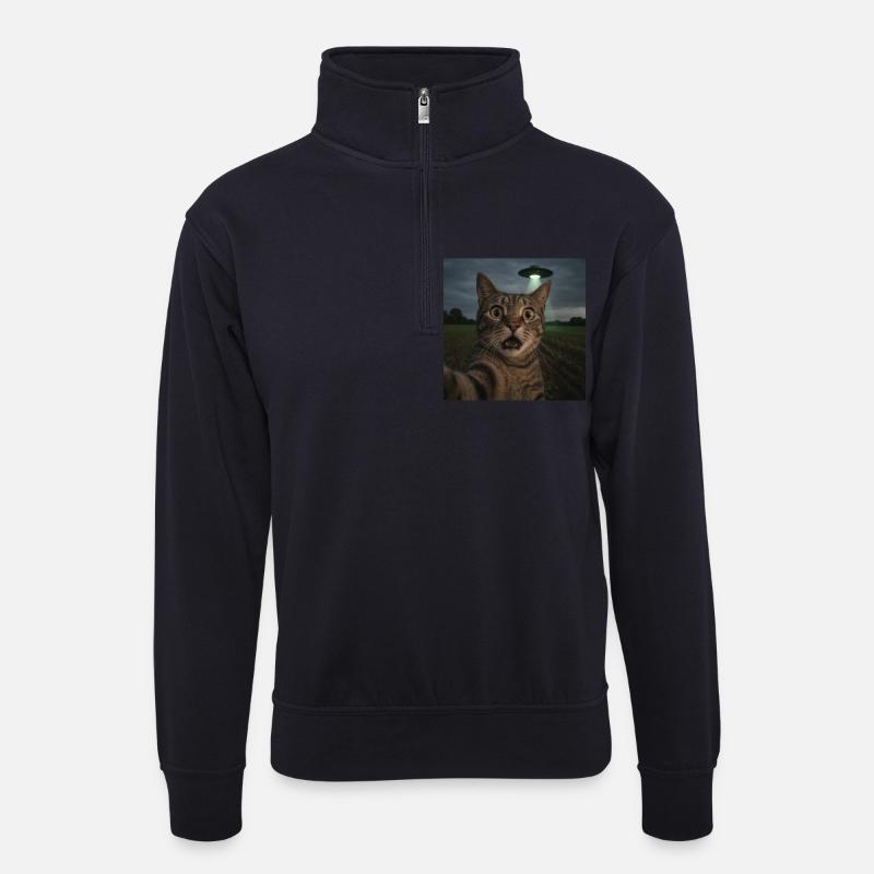 Katzen-Selfie mit Alien-UFO - Unisex Pullover mit Zip-Kragen - Dunkelnavy