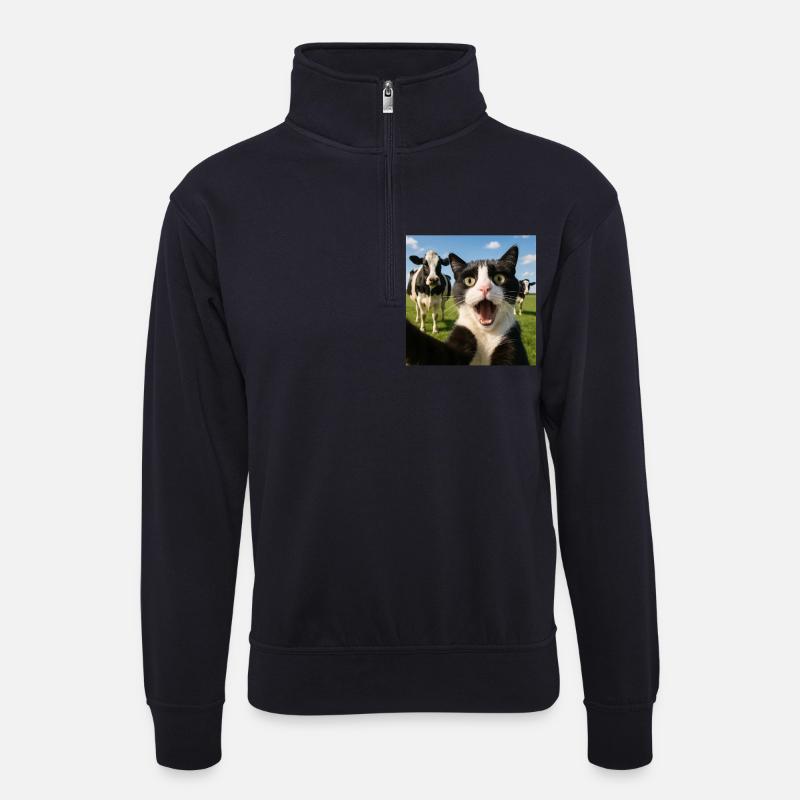 Lustige Katze Kuh Selfie Geschenkidee - Unisex Pullover mit Zip-Kragen - Dunkelnavy