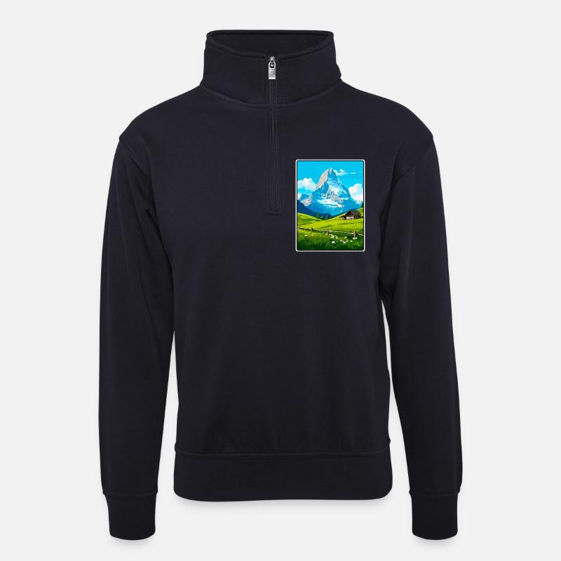 Eiger Schweiz Berglandschaft Illustration - Unisex Pullover mit Zip-Kragen - Dunkelnavy
