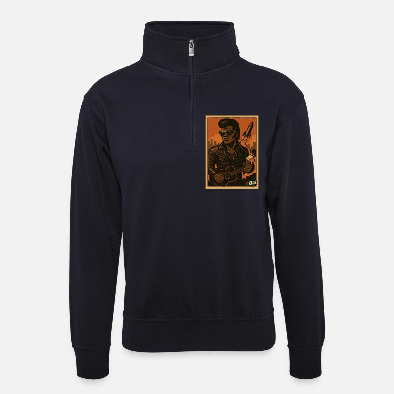 Retro Rockabilly Rebel mit Rakete - Unisex Pullover mit Zip-Kragen - Dunkelnavy