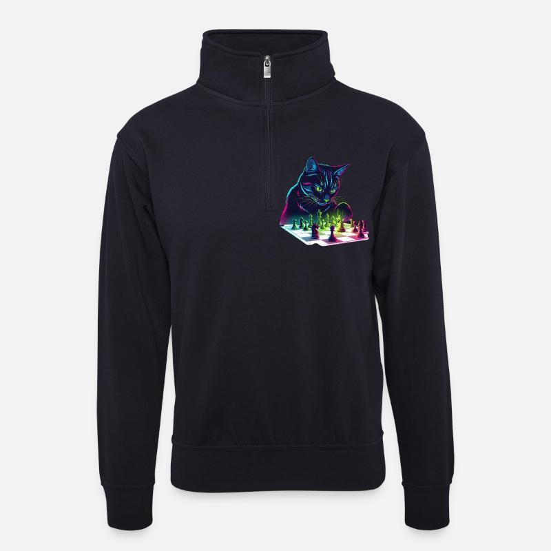 Neon Schwarzer Katzen-Schach-Design - Unisex Pullover mit Zip-Kragen - Dunkelnavy