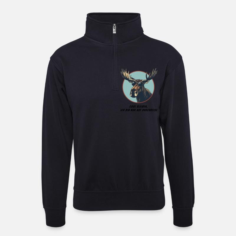 Elch Emil - nur auf Durchreise - Unisex Pullover mit Zip-Kragen - Dunkelnavy