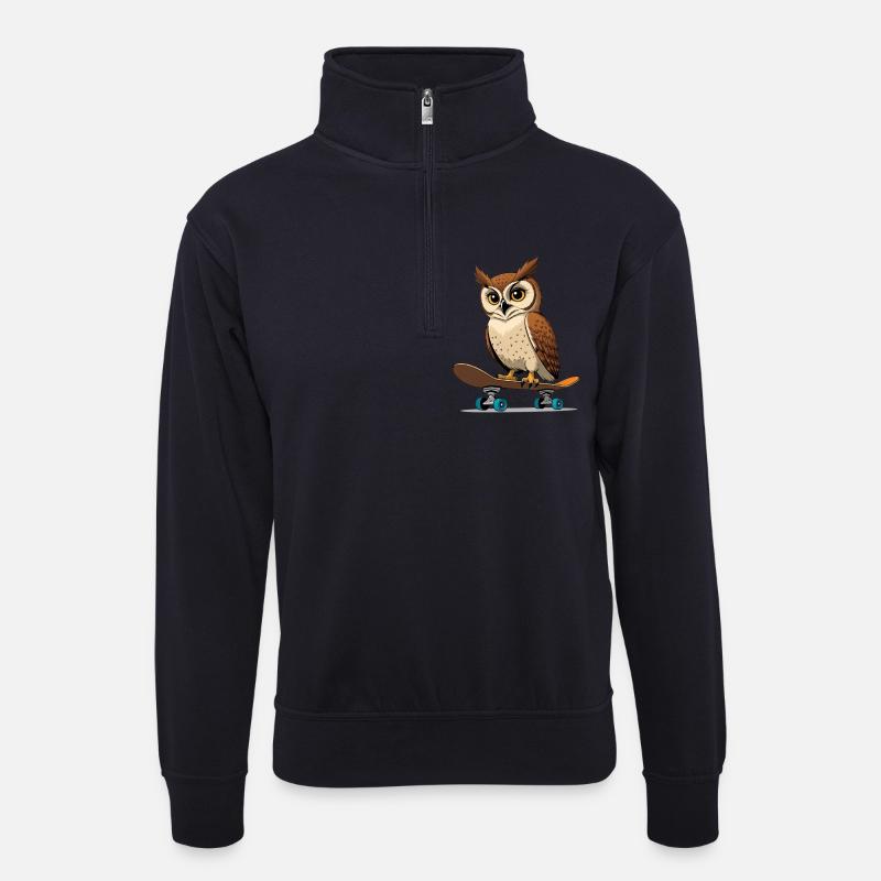 Eule auf Skateboard im Comic-Stil - Unisex Pullover mit Zip-Kragen - Dunkelnavy