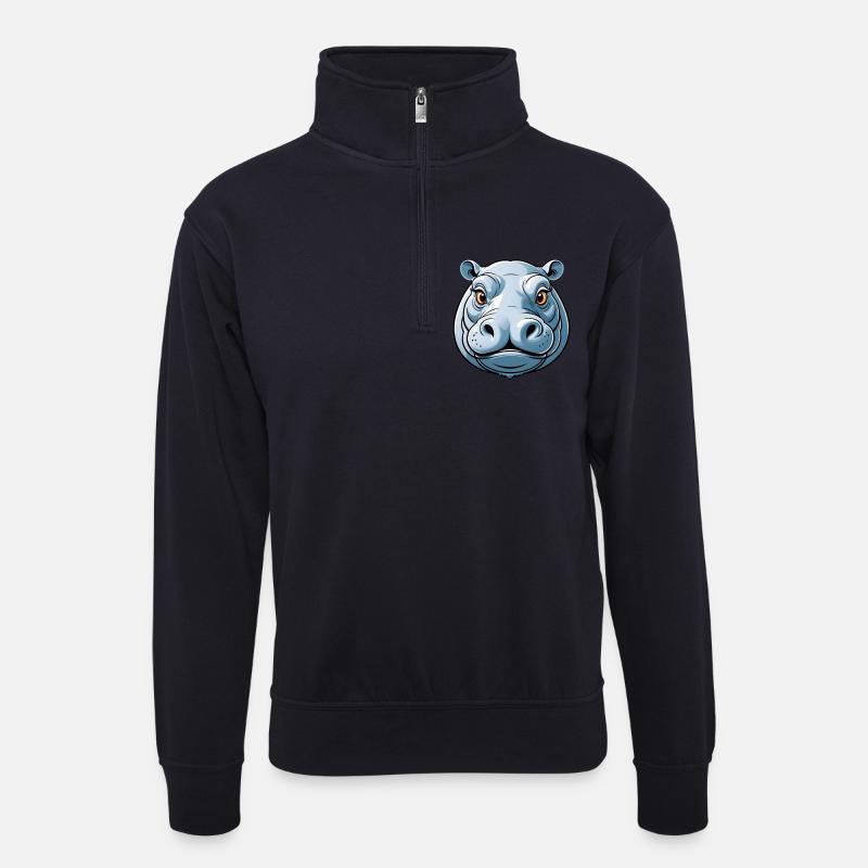 Blauer Hippo Cartoonkopf - Unisex Pullover mit Zip-Kragen - Dunkelnavy