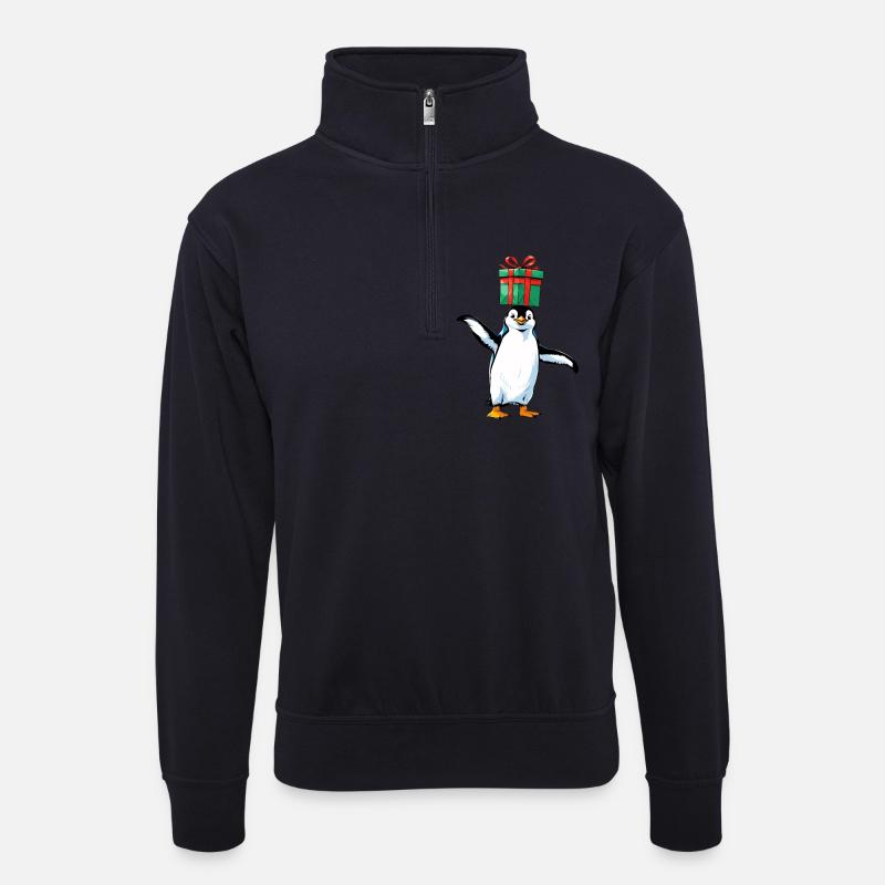 Pinguin mit Geschenk auf Kopf - Unisex Pullover mit Zip-Kragen - Dunkelnavy