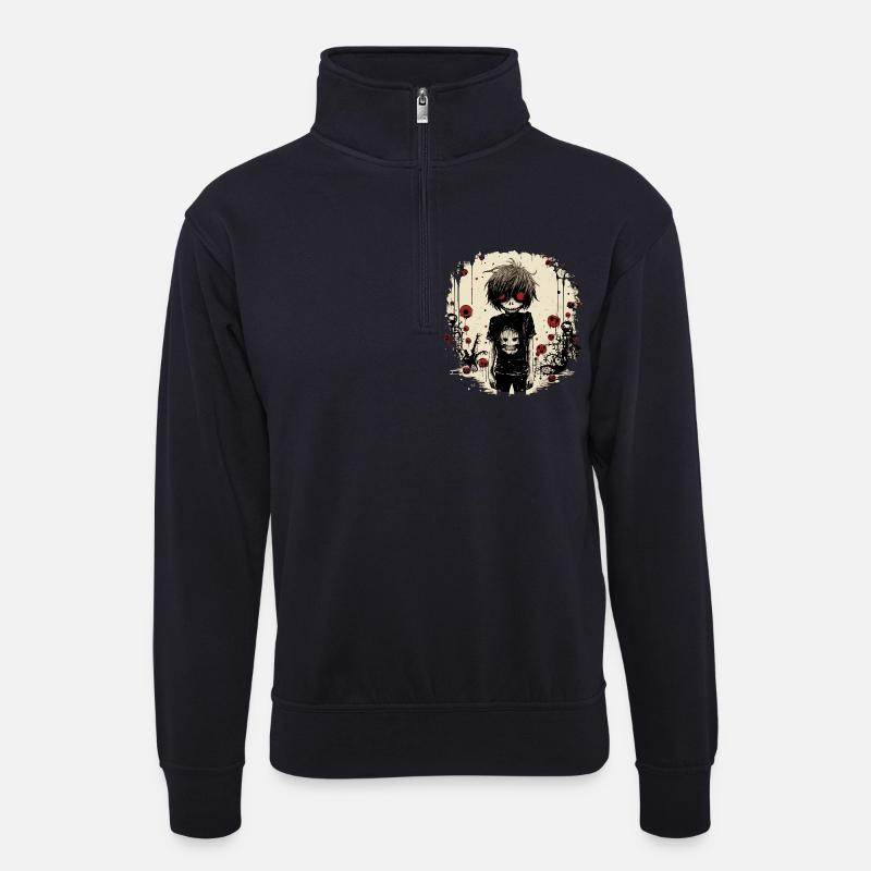 Red-Eyed Skull Kid – Emo Comic Design - Unisex Pullover mit Zip-Kragen - Dunkelnavy