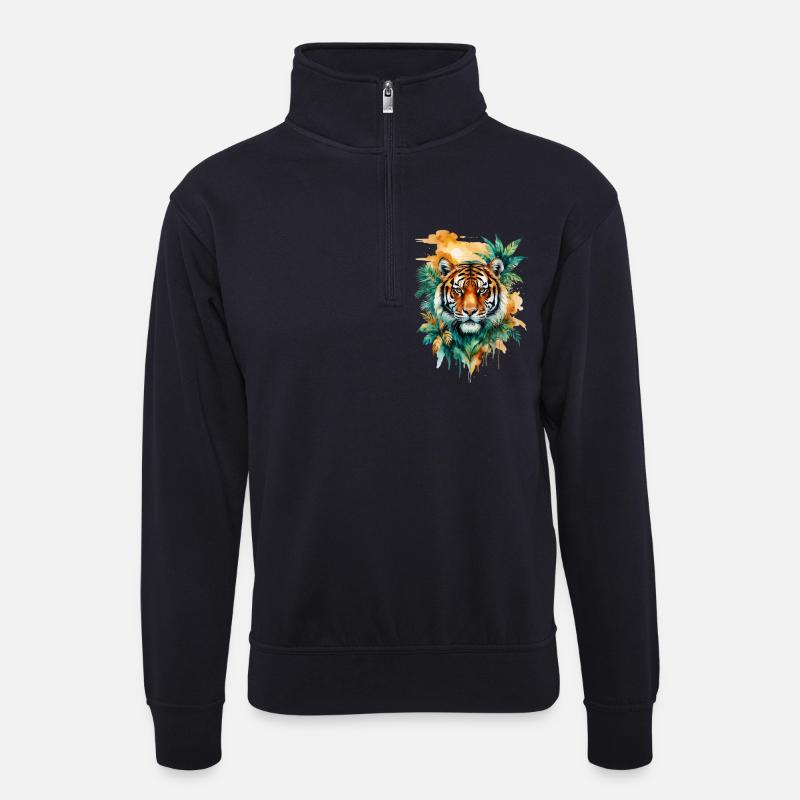 Wasserfarbener Tiger im Dschungel - Unisex Pullover mit Zip-Kragen - Dunkelnavy