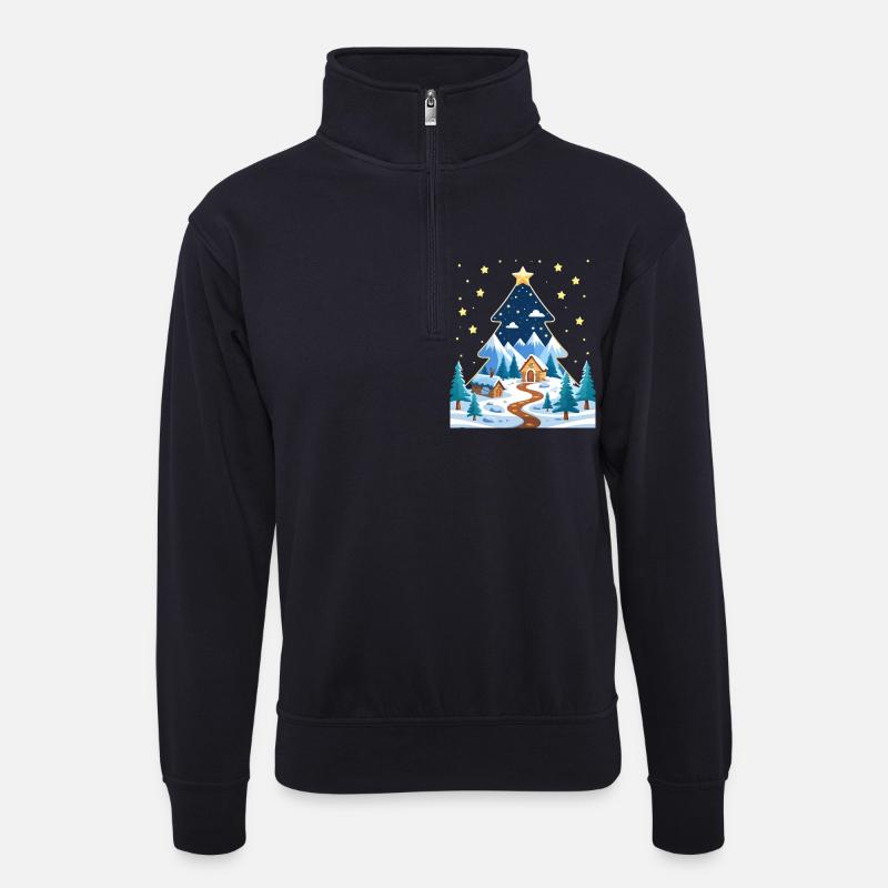 Winterwald im Sternbaum-Design - Unisex Pullover mit Zip-Kragen - Dunkelnavy