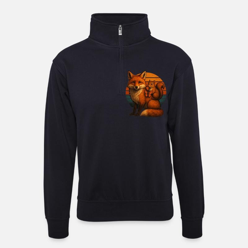 Fuchs Eichhörnchen Retro Tierfreunde - Unisex Pullover mit Zip-Kragen - Dunkelnavy