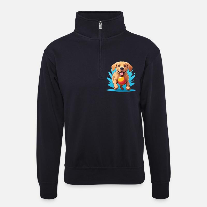 Fröhlicher Hund mit Ball Cartoon - Unisex Pullover mit Zip-Kragen - Dunkelnavy