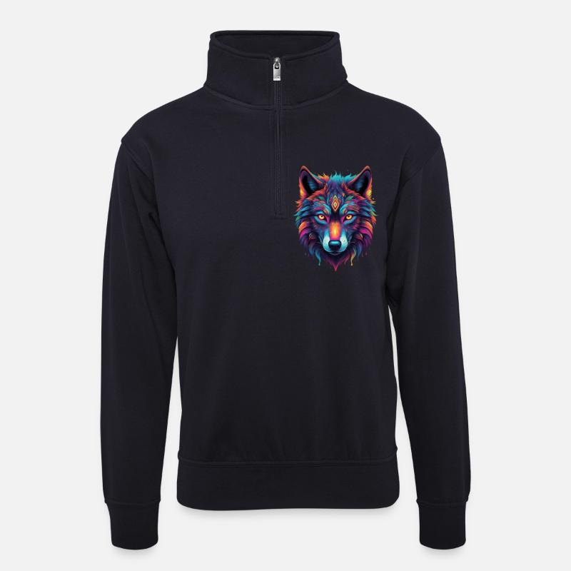 Neon-Wolf Kernmotiv Farbexplosion - Unisex Pullover mit Zip-Kragen - Dunkelnavy