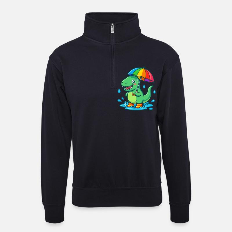 Dino mit buntem Regenbogenschirm - Unisex Pullover mit Zip-Kragen - Dunkelnavy