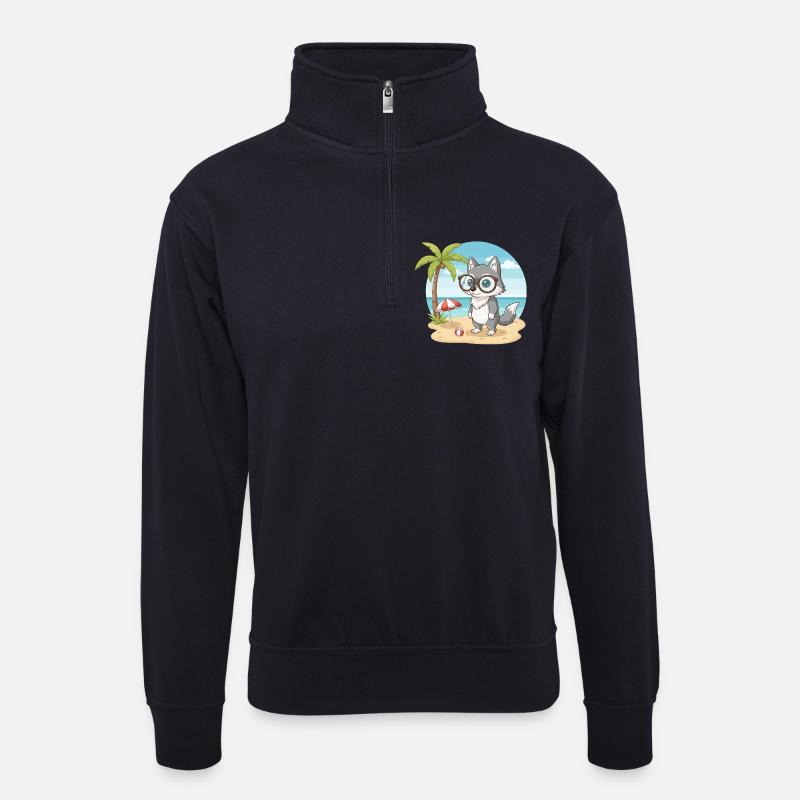 Süßer Wolf mit Brille Strandsommerferien - Unisex Pullover mit Zip-Kragen - Dunkelnavy