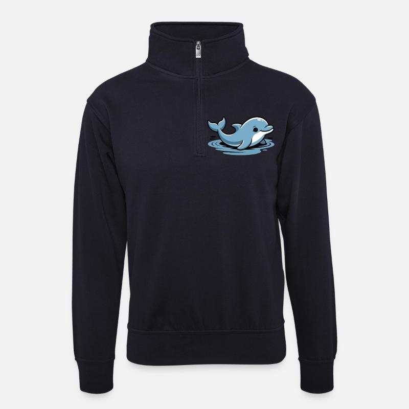 Blauer Delfin Cartoon-Wellen - Unisex Pullover mit Zip-Kragen - Dunkelnavy