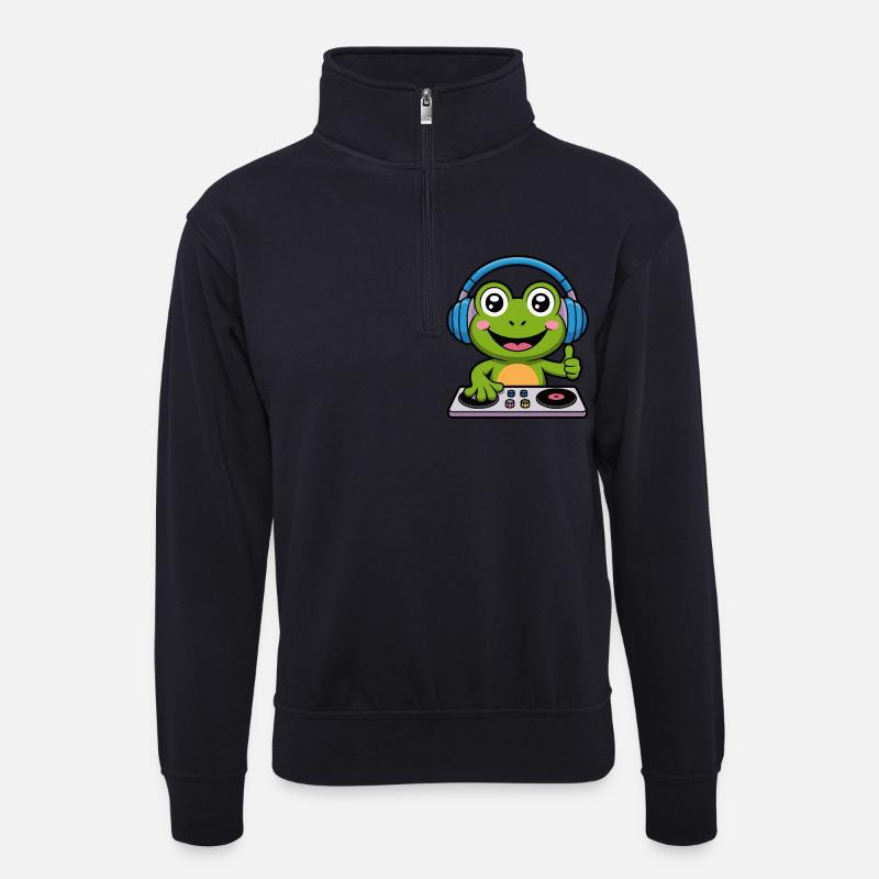 Frosch DJ mit Kopfhörern - Unisex Pullover mit Zip-Kragen - Dunkelnavy