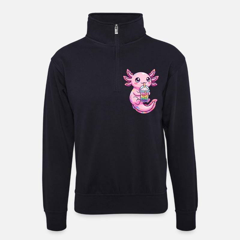 Rosa Axolotl Boba Tee - Unisex Pullover mit Zip-Kragen - Dunkelnavy