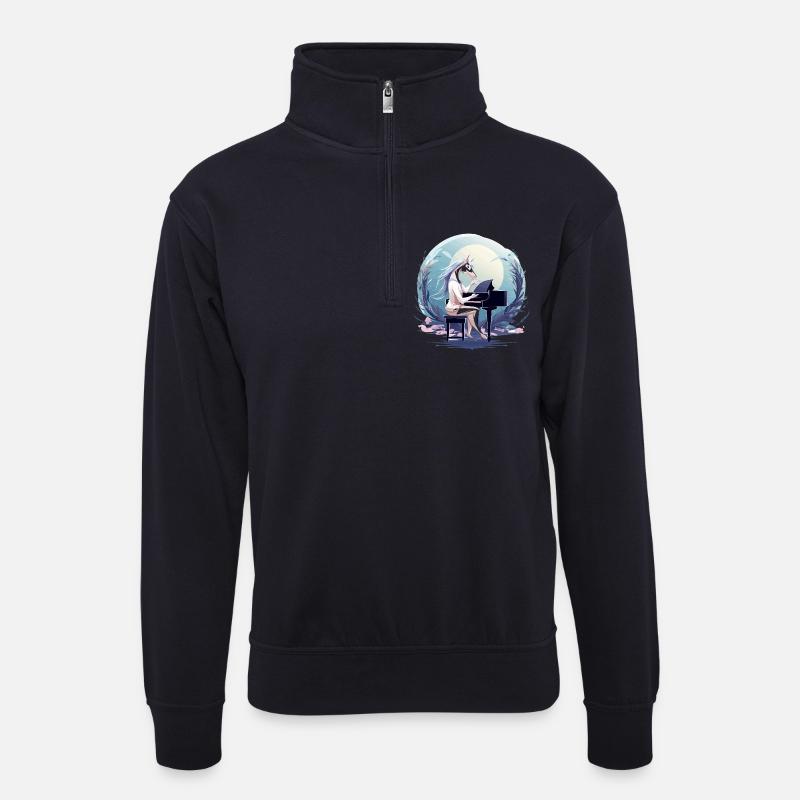 Mondschein-Einhorn am Klavier - Unisex Pullover mit Zip-Kragen - Dunkelnavy