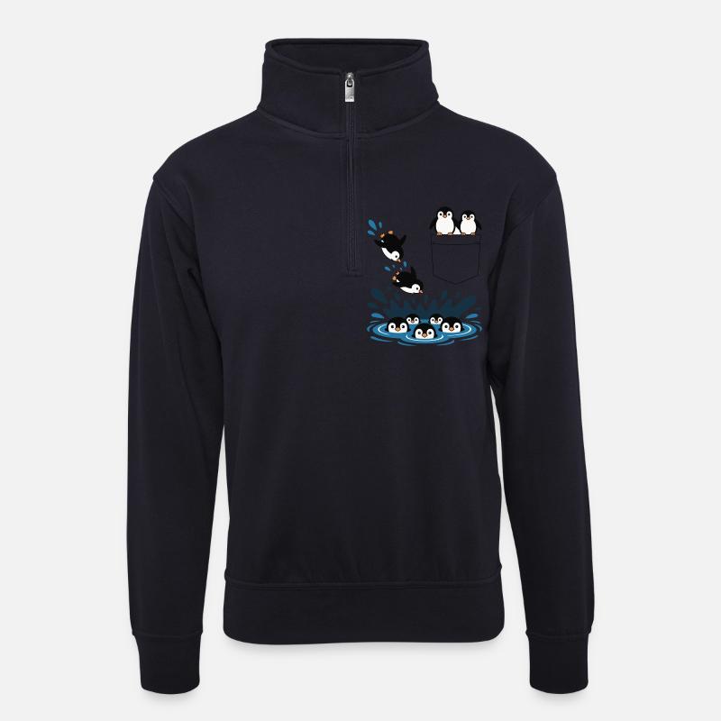Pinguin Sprung ins Wasser Pocket Design - Unisex Pullover mit Zip-Kragen - Dunkelnavy