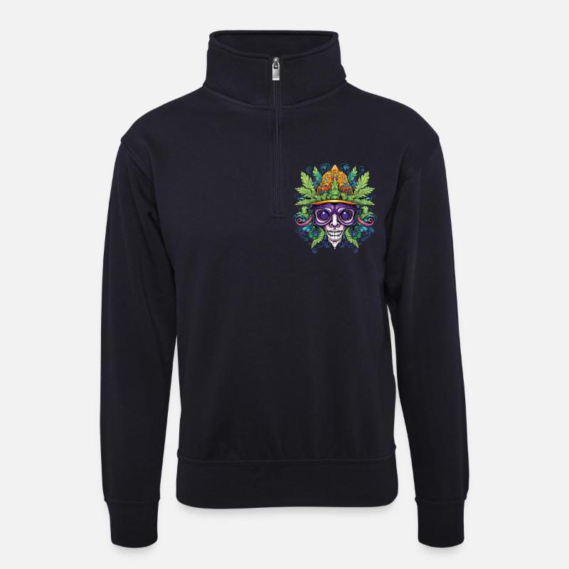 Psychedelischer Schädel mit Blattkrone - Unisex Pullover mit Zip-Kragen - Dunkelnavy