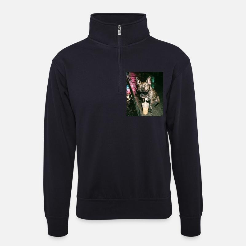 Französische Bulldogge trink Eiskaffee - Unisex Pullover mit Zip-Kragen - Dunkelnavy