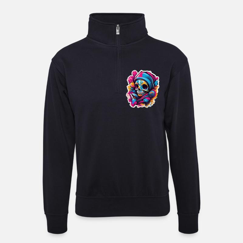 Farbenfroher Skull Street Kunstkarneval - Unisex Pullover mit Zip-Kragen - Dunkelnavy