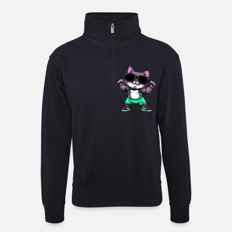 Fitness Katze - Unisex Pullover mit Zip-Kragen - Dunkelnavy