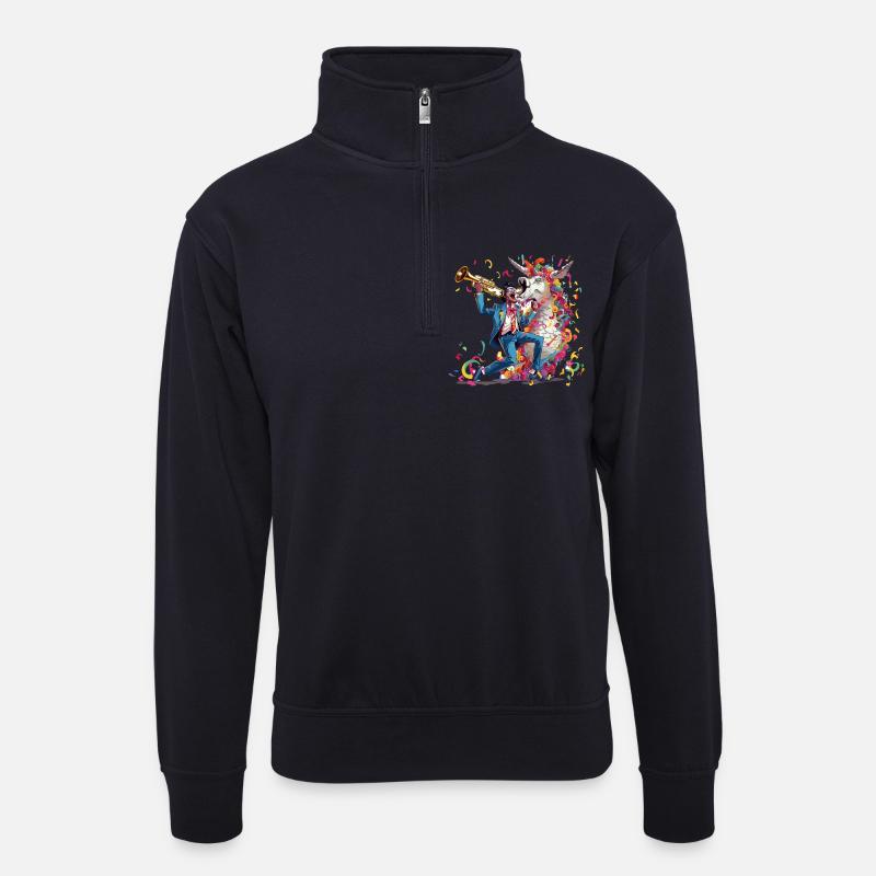 Trompeter und Regenbogen-Einhorn - Unisex Pullover mit Zip-Kragen - Dunkelnavy